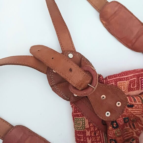 Handwoven Guatemalan Textile Lg Backpack Brown Leather Straps Hippie Boho main image 12